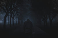 Dark and scary photo of a person walking down the road with many trees next to him and infront of him and cars in the corner.