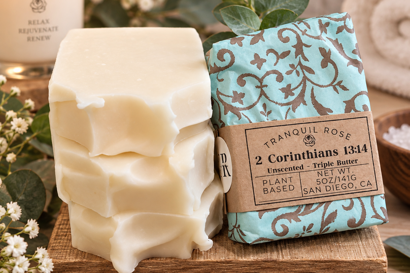 Close-up of creamy Tranquil Rose handcrafted soap bars with natural ingredients, botanical accents and rustic luxury packaging.