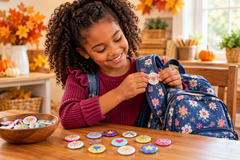 Two colorful kindness buttons with cheerful designs and messages about being kind are shown as a small keepsake 