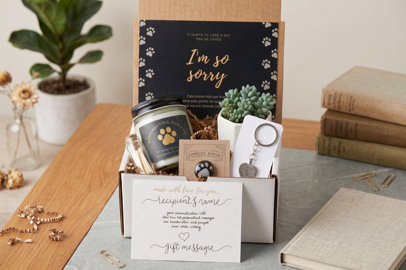 Cat Memorial Gift Box - Pet Loss Sympathy Care Package with Live Succulent & Candle