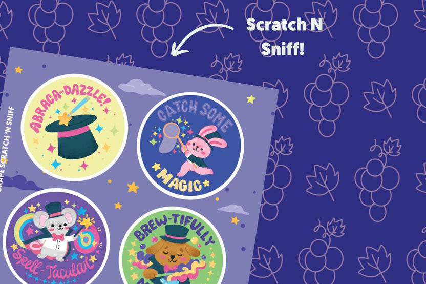 A purple grape background with circular stickers pictured that include animals completing magic tricks and some cute phrases with them.