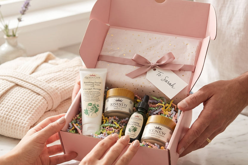 Open pink Queen City Skincare subscription box featuring a facial cleanser, calming serum, brightening day cream, and anti-aging night cream
