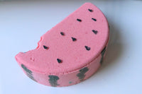 One-In-A-Melon Bath Bomb close up detail from Wild Hare Apothecary August Bath Bomb Subscription Box on Cratejoy.