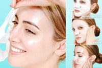 lady showing off taking off a sheet mask while the right side of the photo shows 3 before and after shots of how the skin looks after 15 min