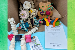 A variety of bird toys spilling out of a cardboard box and onto a blue cloth. Next to it is an itemized receipt and a business card. 