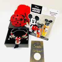 Disney Anniversary Bundle: Vintage Silver Red & Black Charm Bracelet, Mickey Mouse Chapstick and Keychain