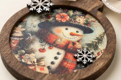 Handcrafted vintage-style wooden ornaments featuring art paper designs, finished with rustic details