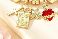 Hearts on Fire Gold Charm Bracelet — Ruby Gemstone Heart, Gold Cross & Angel Charm Friendship Bracelet, Gift for Her