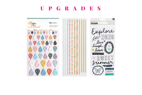 Colorful scrapbook papers and stickers in a monthly scrapbook kit featuring floral designs and cameras, ideal gifts for women