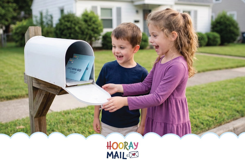 Boy and girl excitedly opening their mailbox to find their monthly Hooray Mail cards waiting for them inside.