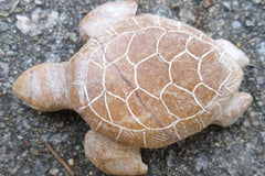A carved stone sea turtle made with our Soapstone Crate. It's beige soapstone sitting on a granite surface.