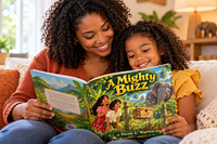A smiling mother and daughter sit together on a cozy sofa, enjoying the picture book A Mighty Buzz  by Nicole L. Warren