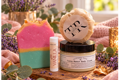 Handmade pink, yellow, and teal rainbow soap with vanilla lip balm and coconut body butter for girls.
