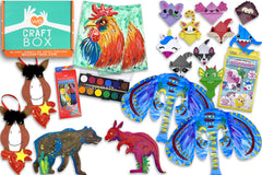 Amazing Animals Craft Box opened with all included materials and colorful animal-themed projects displayed