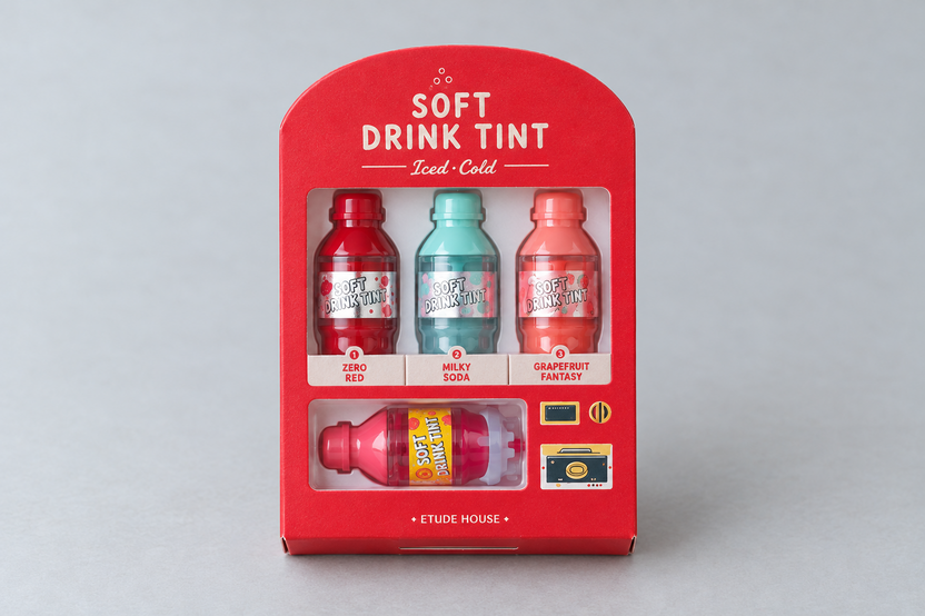 Up close on the Etude House Soft Drink Tint set from a past fall box: Zero Red, Milky Soda and Grapefruit Fantasy in a vending machine
