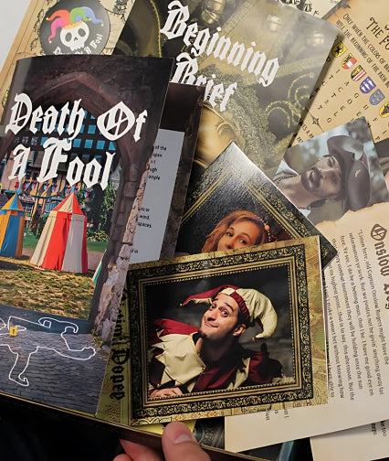 Deadbolt Mystery Society case file spread out on a table