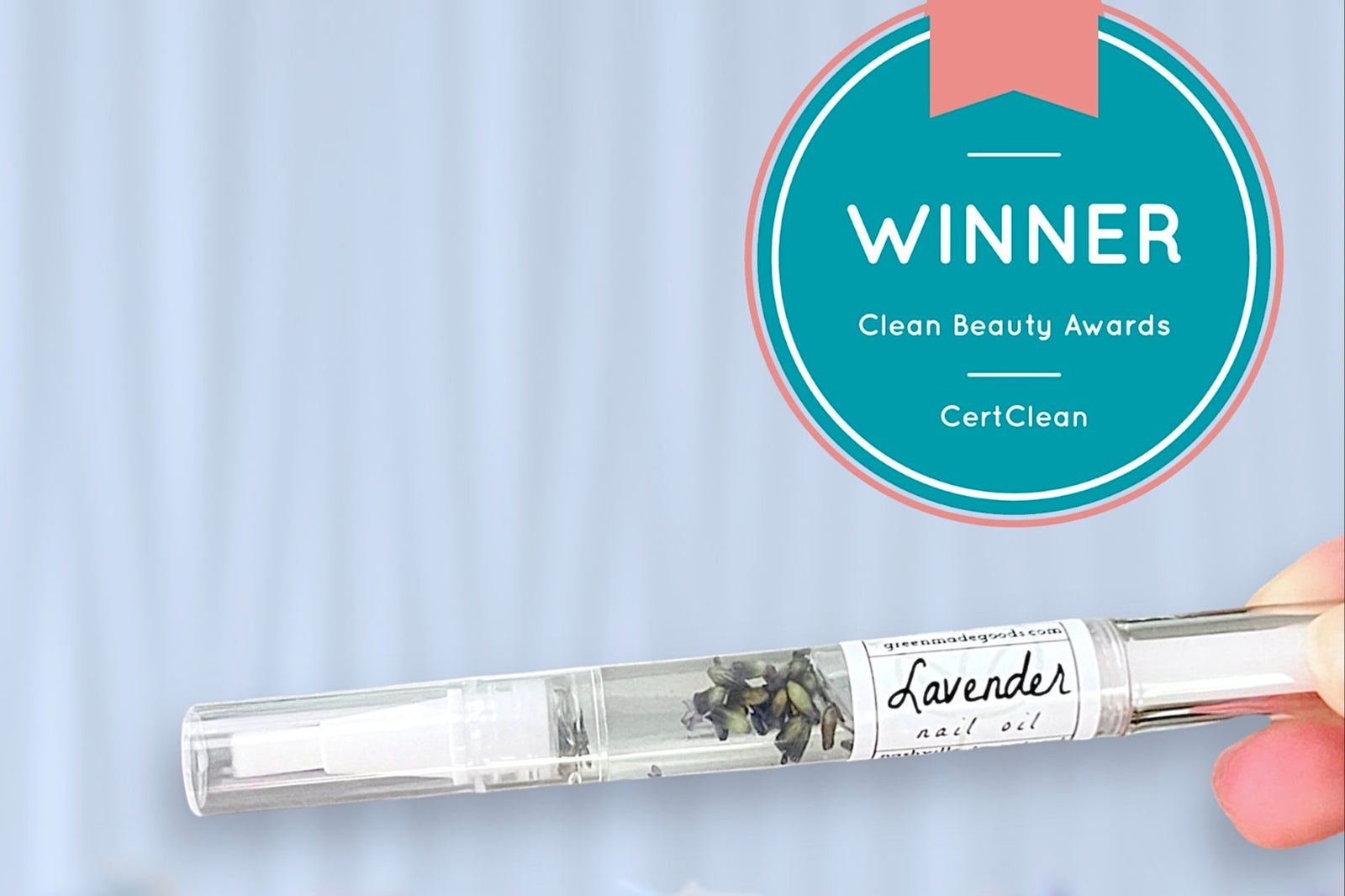 Lavender cuticle oil pen with Clean Beauty Award Seal against a white background by Greenmade goods.