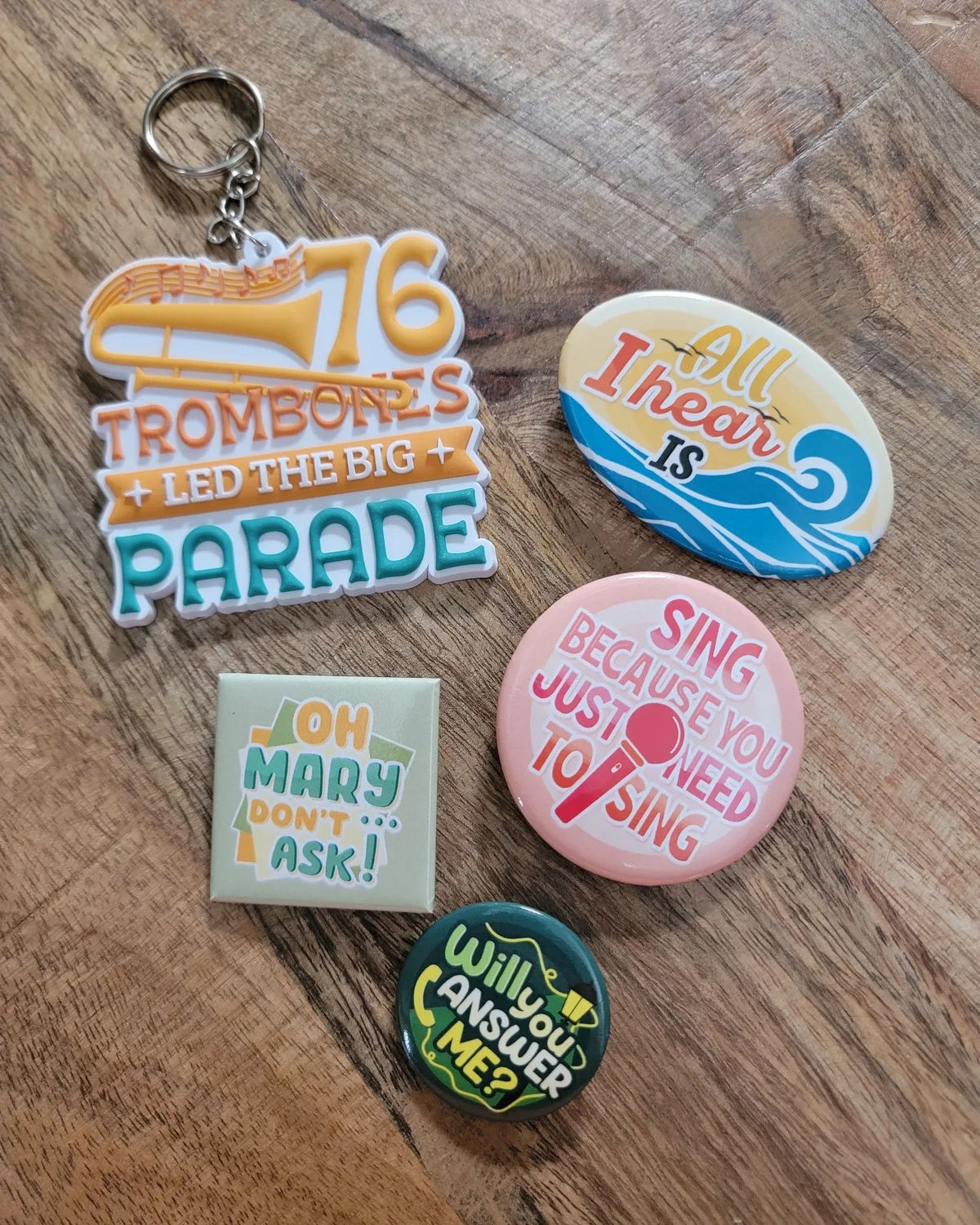Buttons and Keychain inspired by Broadway "Band" musicals and plays - The Music Man, The Band's Visit, Bandstand, Boys in the Band