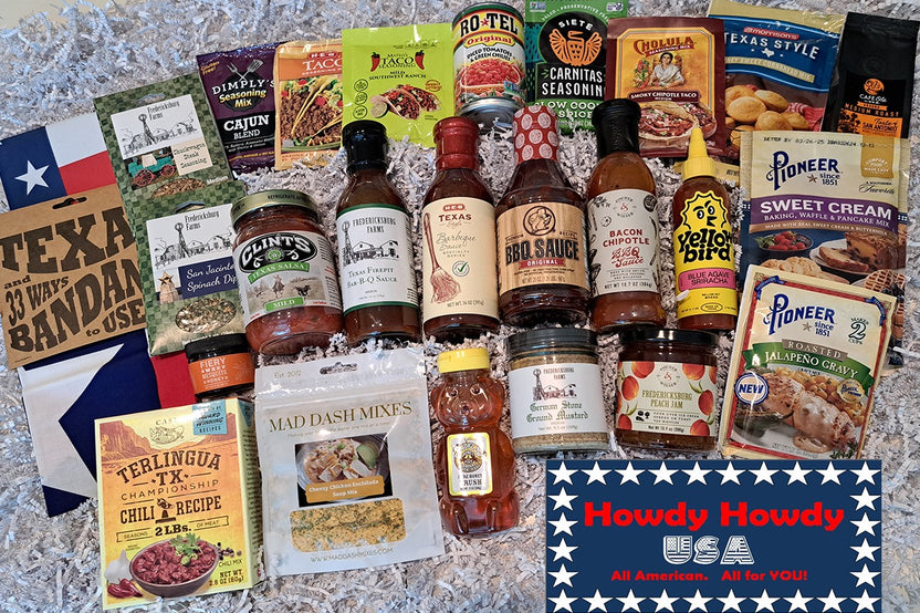 This Chuckwagon Food Box is your cowboy go-to pantry as it has a large variety of BBQ sauces, taco seasonings, honey, chili mixes and more!