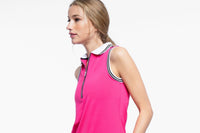 Our sleeveless woman's polo in red and white. They are quality made, stylish, comfortable and breathable. 