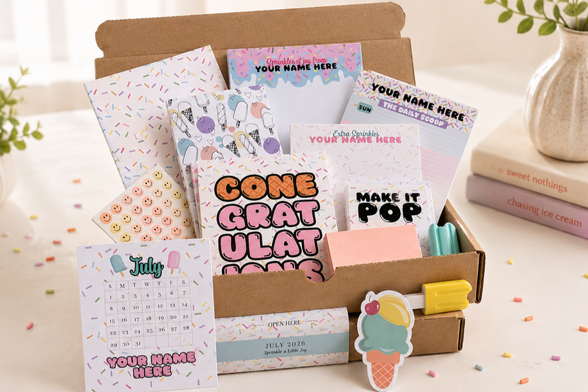 Colorful personalized stationery subscription box featuring custom notepads, calendar, cards, and paper goods.
