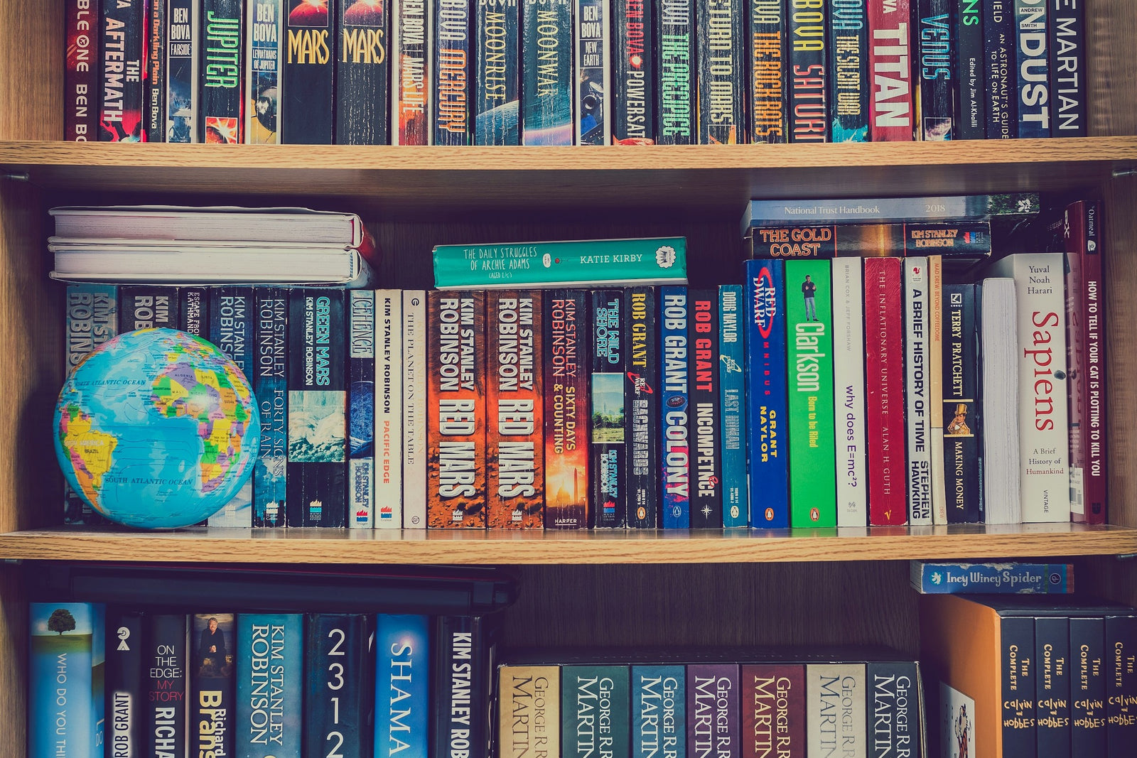 Bookshelf full of scifi books from very famous authors but also some less know, all with a shade of yellow.