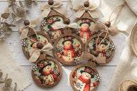 Handcrafted vintage-style wooden ornaments featuring art paper designs, finished with rustic details