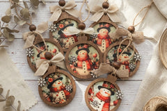 Handcrafted vintage-style wooden ornaments featuring art paper designs, finished with rustic details