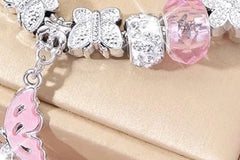 Silver and Pink CZ Butterfly Charm Bracelet — Dangling Pink Butterfly Charm, White Lotus Flower Beads, Friendship Bracelet, Gift for Her