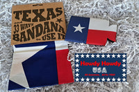 This picture contains a snapshot of your very own Texas bandana along with 33 ways to use it. It also shows a Texas koozie.