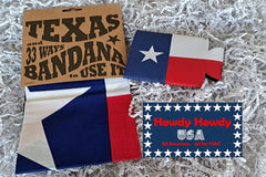 This picture contains a snapshot of your very own Texas bandana along with 33 ways to use it. It also shows a Texas koozie.