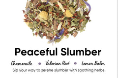 Premium Loose Leaf tea. Image of loose leaf tea. Text reads, chamomile, valerian root, lemon balm. Sip your way to soothing, serene slumber.