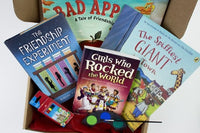 Colorful graphic showcasing the Reading Bug Box logo and subscription service details for children's books