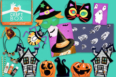 Halloween Craft Box for Kids featuring fun spooky-themed art projects for two crafters — all materials and instructions included. 🎃