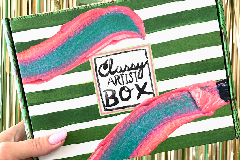 This is one of our past box designs, we update them seasonally! This design was for summer and features green and white stripes!