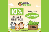 Guinea Pig Pak 10% off promotion with code CJSAVE10, featuring the August Barnyard box, red barn hideout, and cartoon guinea pig.