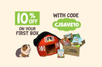 Guinea Pig Pak promotional graphic offering 10% off your first box with code CJSAVE10, featuring cartoon guinea pigs and a Guinea Pig Pak bo