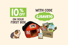 Guinea Pig Pak promotional graphic offering 10% off your first box with code CJSAVE10, featuring cartoon guinea pigs and a Guinea Pig Pak bo