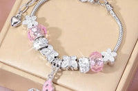 Silver and Pink CZ Butterfly Charm Bracelet — Dangling Pink Butterfly Charm, White Lotus Flower Beads, Friendship Bracelet, Gift for Her