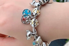 Vintage Lilo And Stitch V-Day Charming Silver Charm Bracelet w/ 9 Sapphire Embellished Charms