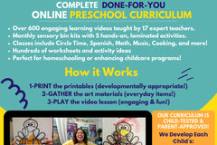 Flyer showcasing an affordable online preschool curriculum with sensory bins, activities and video lessons.