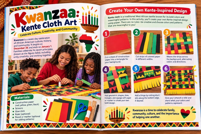 The December activity guide is open to two pages display the instructions for how to make a kente cloth craft for Kwanza.