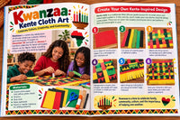 The December activity guide is open to two pages display the instructions for how to make a kente cloth craft for Kwanza.