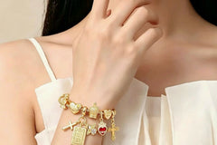 Hearts on Fire Gold Charm Bracelet — Ruby Gemstone Heart, Gold Cross & Angel Charm Friendship Bracelet, Gift for Her