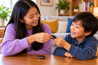 A tween girl is sitting at a table with her younger brother.  She is sharing an Oreo cookie with him.