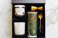 After Dark- an espresso martini experience in a box featuring Teaspressa mixing cubes and jigger, layered coffee candle and chocolate 