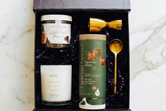 After Dark- an espresso martini experience in a box featuring Teaspressa mixing cubes and jigger, layered coffee candle and chocolate 
