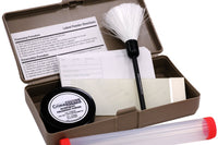 We see a basic latent fingerprint kit with brush powder and tape to lift latent fingerprints from surfaces