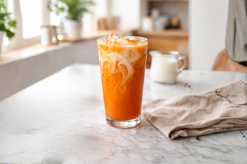 Refreshing Thai iced tea served over ice in a clear glass with creamy milk swirl, made using a Food Craft DIY bubble tea kit for authentic h