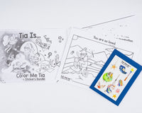 'Color Me Tía' coloring pages with a matching sticker bundle featuring Tía Verse characters, playful designs, and creative elements for kids